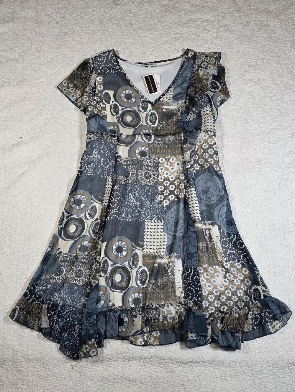 NWT Marie Claire Floral Patchwork Blue And Brown Ruffle Dress